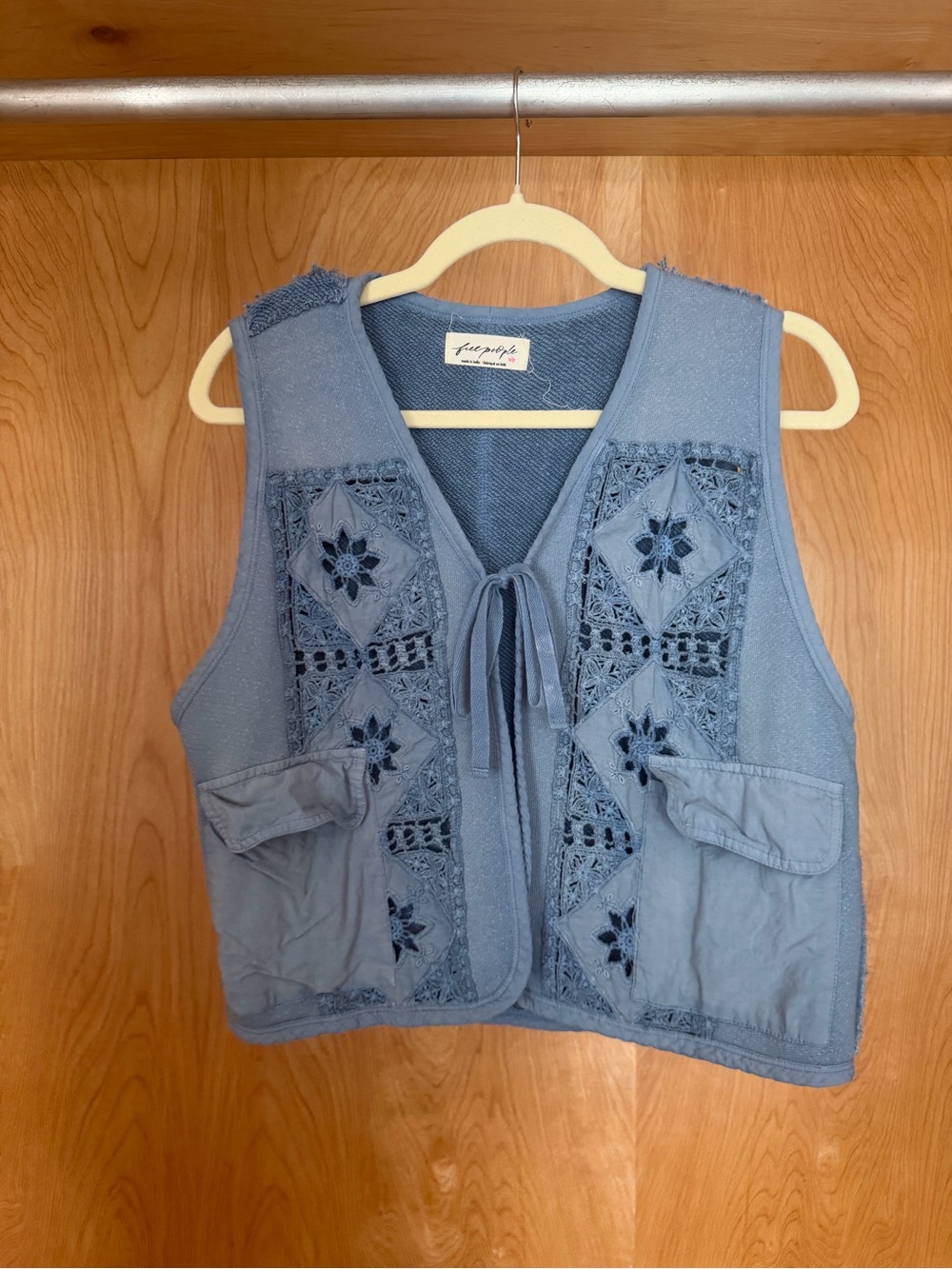 Free People Slate Blue Embroidered Tie-Front Vest